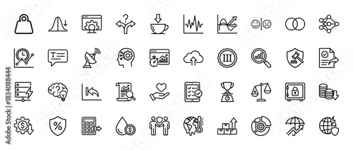 Business and data analysis line icon set. Vector pictograms of charts, gear, cloud, money, and security, thin linear illustration.