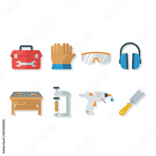 Construction tools and safety equipment flat icons set
