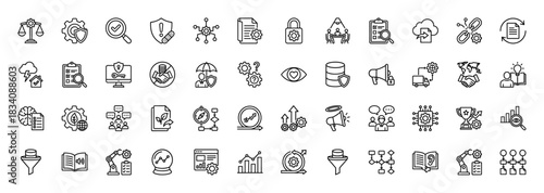 Data protection and business analytics line icon set. Vector pictograms of settings, security, research, and strategy, thin linear illustration.