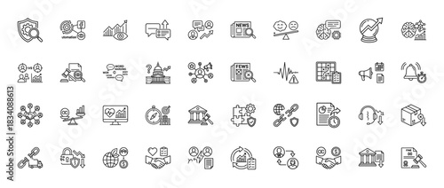 Business and management line icon set. Vector pictograms of research, growth chart, brain processing, document analysis, and global communication, thin linear illustration.