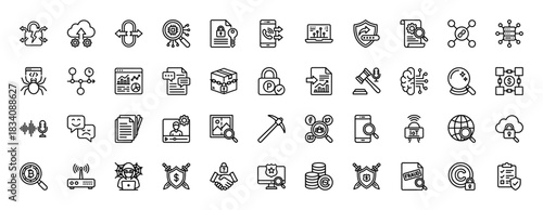 Data security and cryptocurrency line icon set. Vector pictograms of blockchain, internet of things, password, and fraud, thin linear illustration.