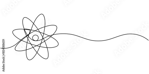 Continuous one line drawing atom or proton nucleus sign symbol isolated vector illustration, Atom symbol line art illustration, Continuous Line Drawing of Science Icon. science icon continuous one.