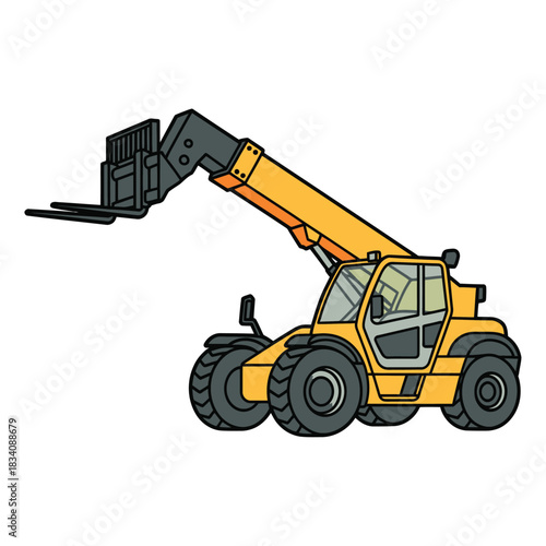 Yellow heavy construction equipment hydraulic excavator isolated on white background with a large dump truck