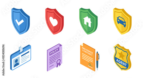 Insurance and Identification Isometric Icons Set