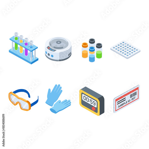 Laboratory equipment and safety gear isometric icons set