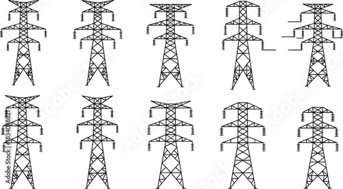 Collection of ten black and white line art electricity pylons power line tower transmission tower