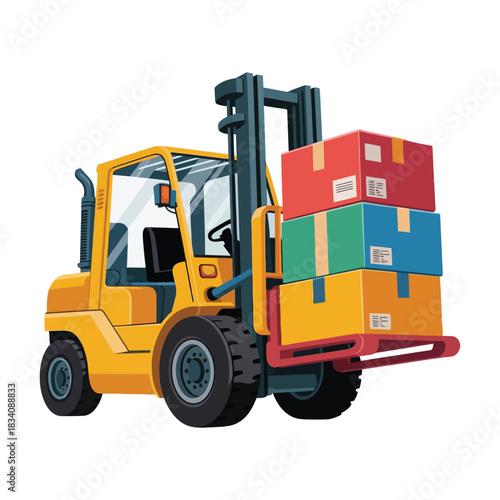 Industrial yellow forklift truck equipment isolated on white for heavy cargo transportation in a warehouse