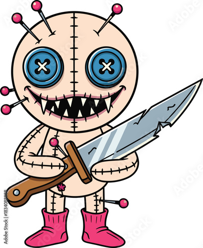 Creepy voodoo doll with sharp teeth holding a knife and pins scary horror
