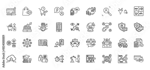 Finance and business line icon set. Vector pictograms of debt, payments, BNPL, credit cards, and security, thin linear illustration.