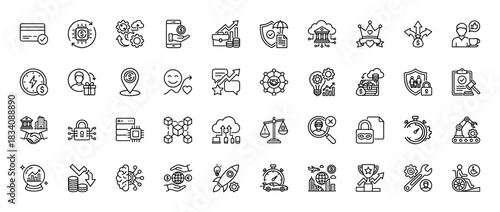 Business and finance line icon set. Vector pictograms of investment, fintech, legal, insurance, startup, technology, cloud banking, thin linear illustration.