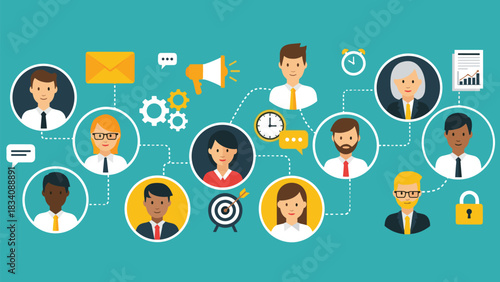 Diverse group of people connected in a network with business icons business network