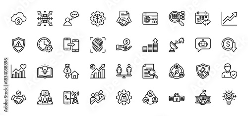 Business and finance line icon set. vector pictograms of security shield, growth chart, gear, and handshake, thin linear illustration.