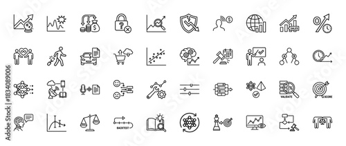 Data science and analytics line icon set. Vector pictograms of charts, graphs, algorithms, and validation, thin linear illustration.