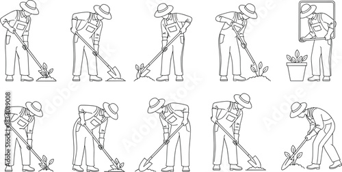 Farmer planting seedling with shovel in various poses line art gardening