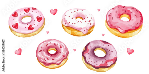 Watercolor sweet donuts decorated with small hearts, hand painted texture, cute and festive treat, birthday, dessert. vector