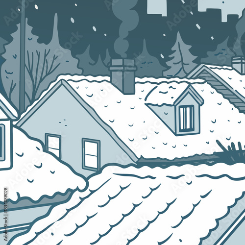 Snowcovered rooftops in a winter wonderland illustration.