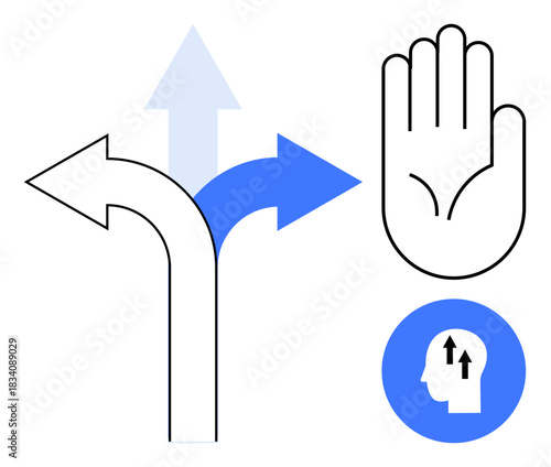 Decision-making concept. Arrows, hand gesture, and head symbol decision-making, choices, and guidance. Decision-making visual for business, strategy, self-growth communication and mindfulness