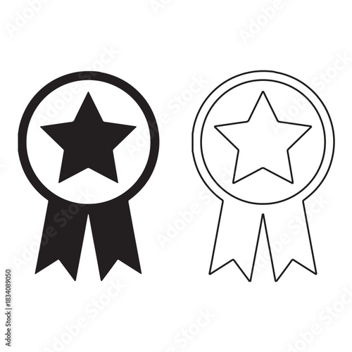 This image shows two identical award ribbon icons side-by-side. The left icon is a solid black silhouette, while the right icon is a black outline. Both feature a circular emblem with a five-pointed 