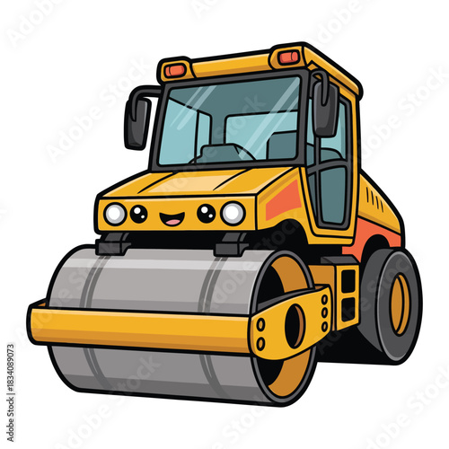 A road roller with big front drum, cute style, transparent background.