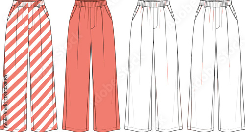 Four wide leg pants flat sketches in coral and striped patterns trousers culottes