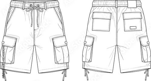 Front and back view fashion flat sketch of cargo shorts with drawstring waist and multiple pockets