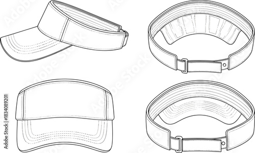 Line art drawings of a white visor cap from multiple angles headwear accessory