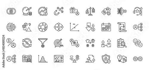 Business and finance line icon set. Vector pictograms of charts, money, analysis, strategy, and commerce, thin linear illustration.