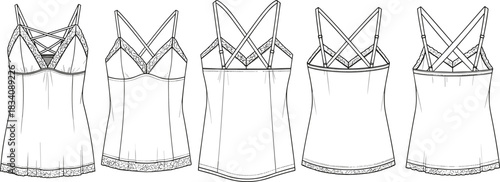 Line art fashion illustration of camisole with lace trim and crisscross straps lingerie