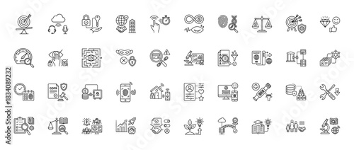 Security and protection line icon set. Vector pictograms of fingerprint scan, data encryption, gdpr, and firewall, thin linear illustration.