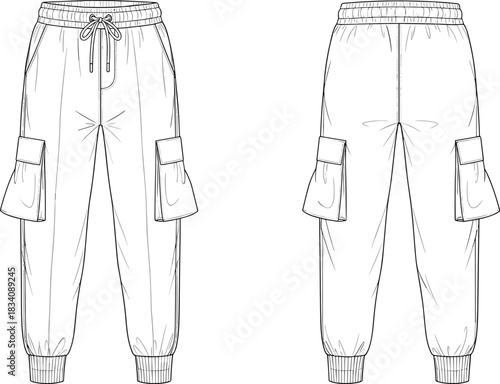 Line drawing of cargo sweatpants with drawstring and elastic cuffs cargo pants elastic waistband