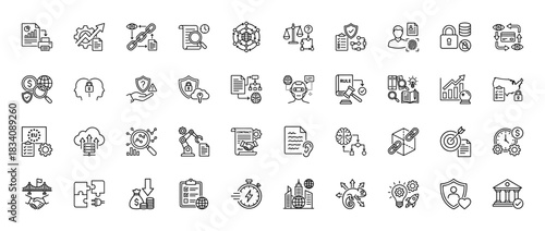 Business and technology line icon set. Vector pictograms of blockchain, contract, security, data analysis, and protection, thin linear illustration.