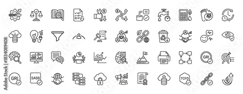 Corporate social responsibility (csr) and environmental, social, and governance (esg) line icon set. vector pictograms of data, analysis, management, and compliance, thin linear illustration.