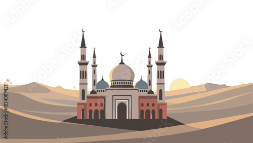 Majestic Mosque in Desert Landscape at Sunset Flat Vector Illustration