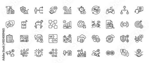 Business and technology line icon set. Vector pictograms of charts, security, learning, innovation, and teamwork, thin linear illustration.