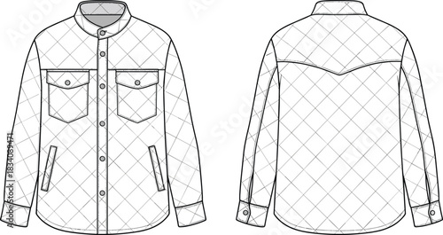 Quilted Shirt Jacket Front and Back Flat Fashion Sketch with Diamond Pattern front view