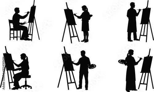 Six black silhouettes of artists painting on easels in various poses vector
