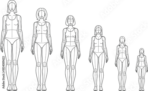 Six Female Fashion Figure Templates in Black Outline on White Background mannequin
