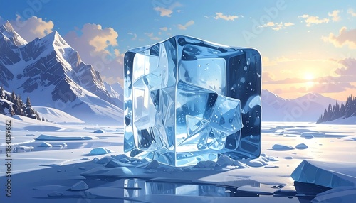 A large, clear ice cube sits on a frozen, snowy landscape with mountains and a bright sky in the background