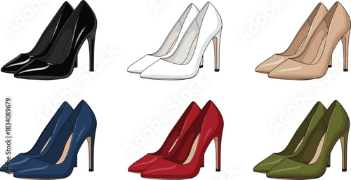 Six pairs of pointed toe high heel shoes in black white beige blue red and green