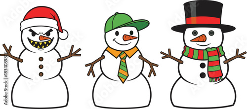 Three cartoon snowmen with different hats and accessories on white background snowman