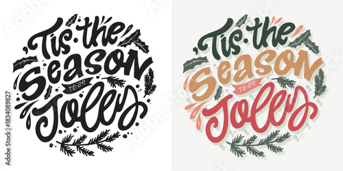 Hello 2026. Merry Christmas and Happy New 2026 Year - cute hand drawn doodle lettering postcard.  Holly Jolly, Tis the season.