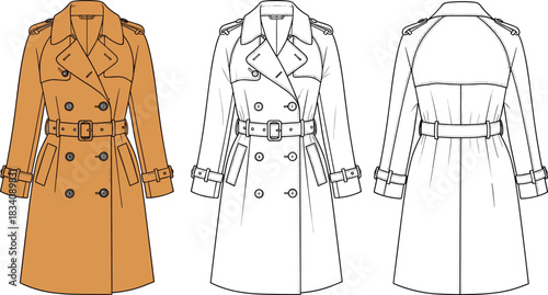 Three views of a classic double breasted trench coat with belt and epaulets fashion