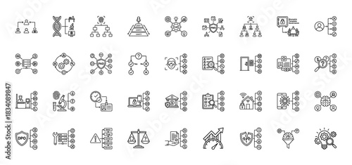 Biometrics and data security line icon set. Vector pictograms of fingerprint, dna, access, and privacy, thin linear illustration.