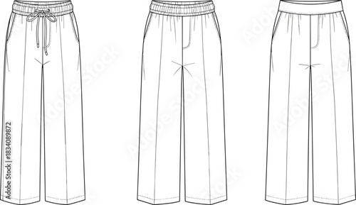 Three views of wide leg cropped pants with elastic waistband and drawstring trousers