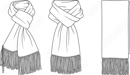 Three views of a fringed scarf in black and white line art fashion accessory