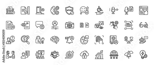 Technology and accessibility line icon set. Vector pictograms of disabled access, artificial intelligence, security, and digital data, thin linear illustration.