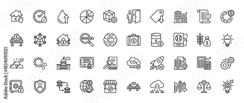 Business and finance line icon set. Vector pictograms of puzzle home, time, chart, bond, building, and lightbulb, thin linear illustration.