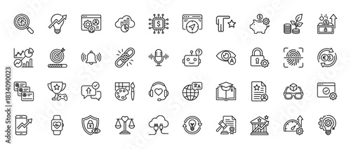 Digital technology and business line icon set. Vector pictograms of AI, finance, security, data analysis, legal, and education concepts, thin linear illustration.