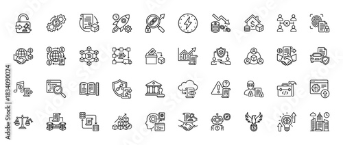 Fintech and business line icon set. Vector pictograms of blockchain, security, contract, data, and time, thin linear illustration.
