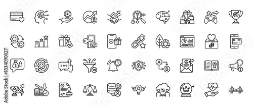 Business and finance line icon set. Vector pictograms of credit card, gears, chart, gift boxes, and trophy, thin linear illustration.